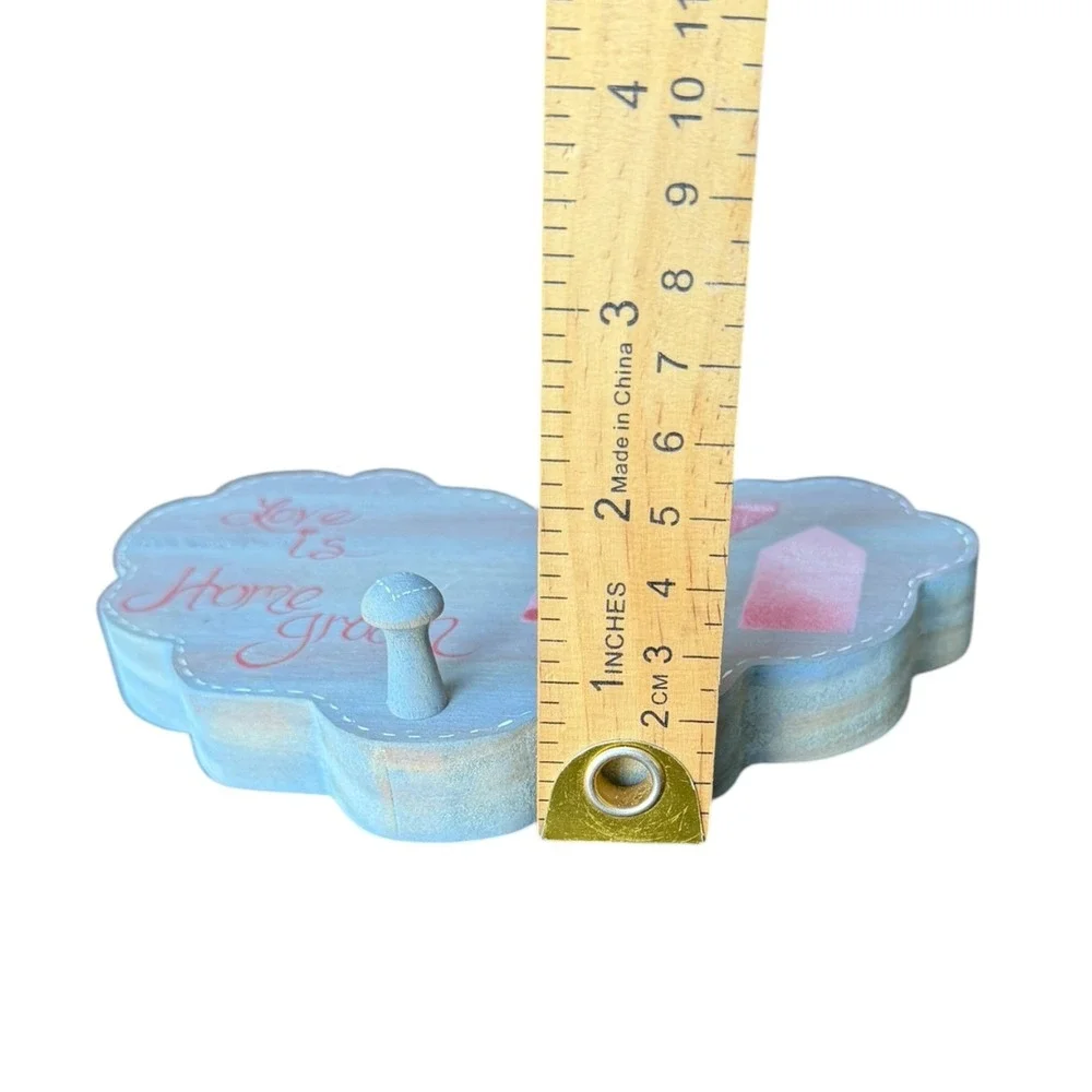 Love is Home Grown Wooden Wall Plaque Single Peg Hook Blue Pink Cottagecore